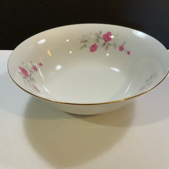 Serving Bowl Pink Roses Gold tone trim 9 in Diameter Vintage #16 - Picture 2 of 6